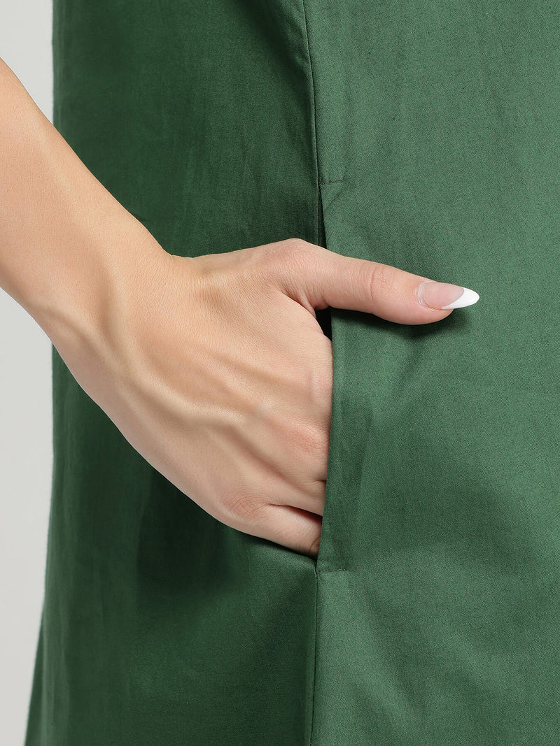 Cotton Solid Relaxed Dress - Green