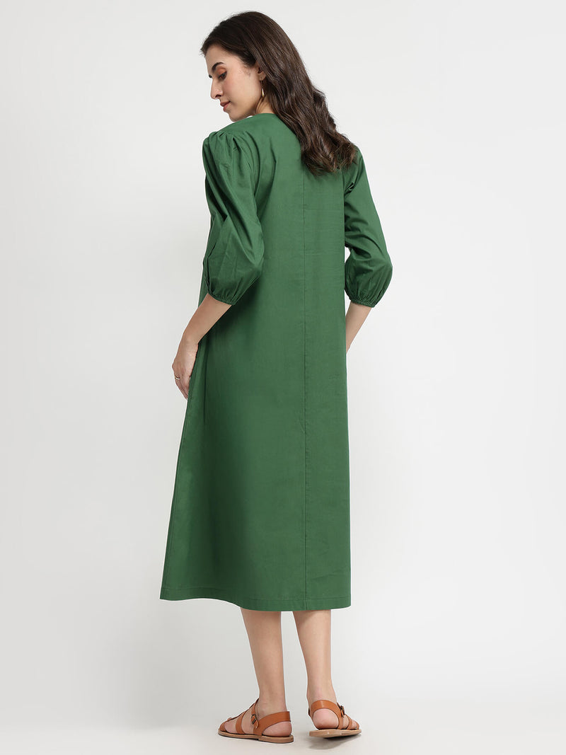 Cotton Solid Relaxed Dress - Green