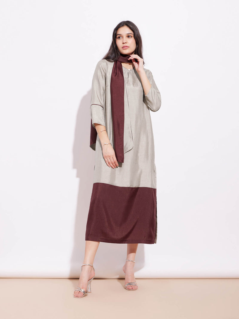 Silk Blend Colourblock Dress With Sash - Grey & Brown