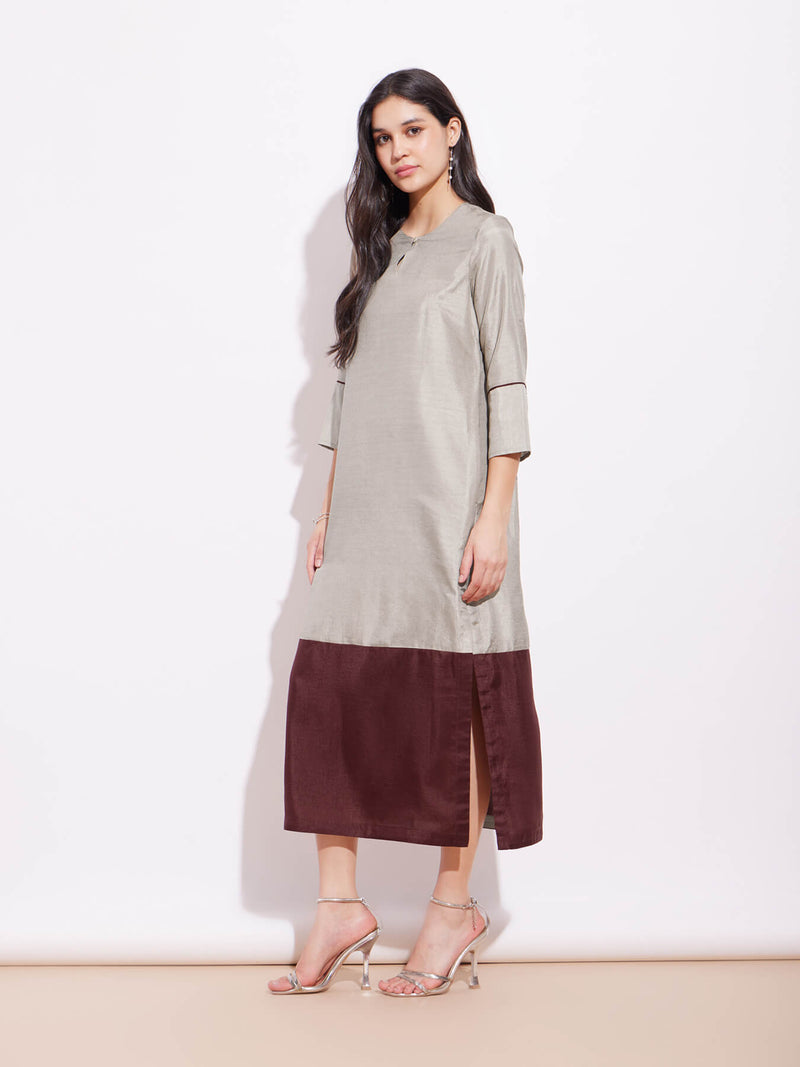 Silk Blend Colourblock Dress With Sash - Grey & Brown