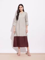 Silk Blend Colourblock Dress With Sash - Grey & Brown