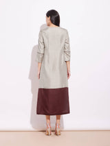 Silk Blend Colourblock Dress With Sash - Grey & Brown