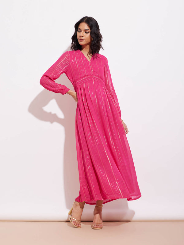 Georgette Lurex Gold Striped Dress - Fuchsia