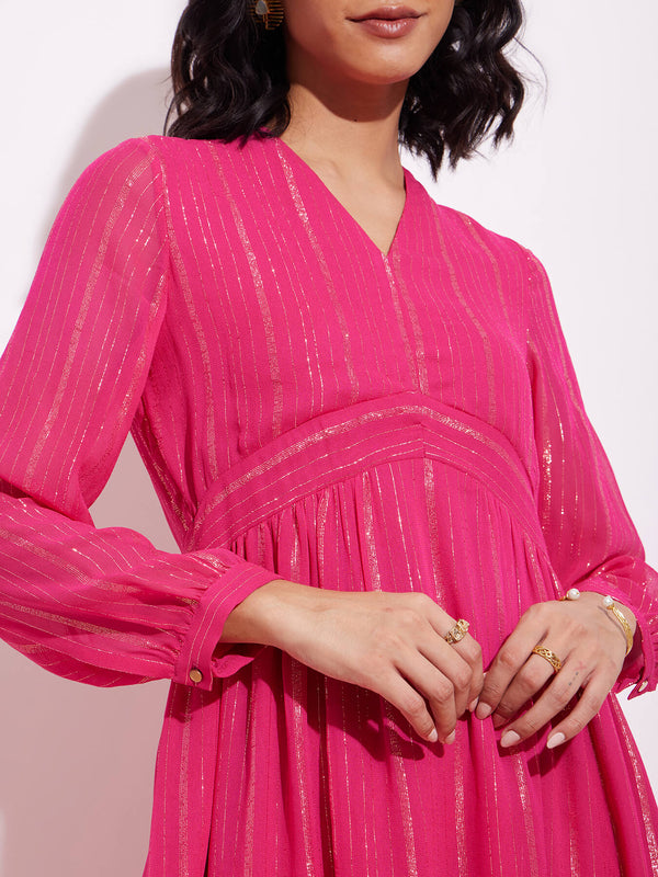 Georgette Lurex Gold Striped Dress - Fuchsia