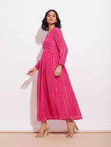 Georgette Lurex Gold Striped Dress - Fuchsia