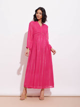 Georgette Lurex Gold Striped Dress - Fuchsia