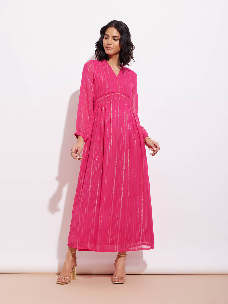 Georgette Lurex Gold Striped Dress - Fuchsia