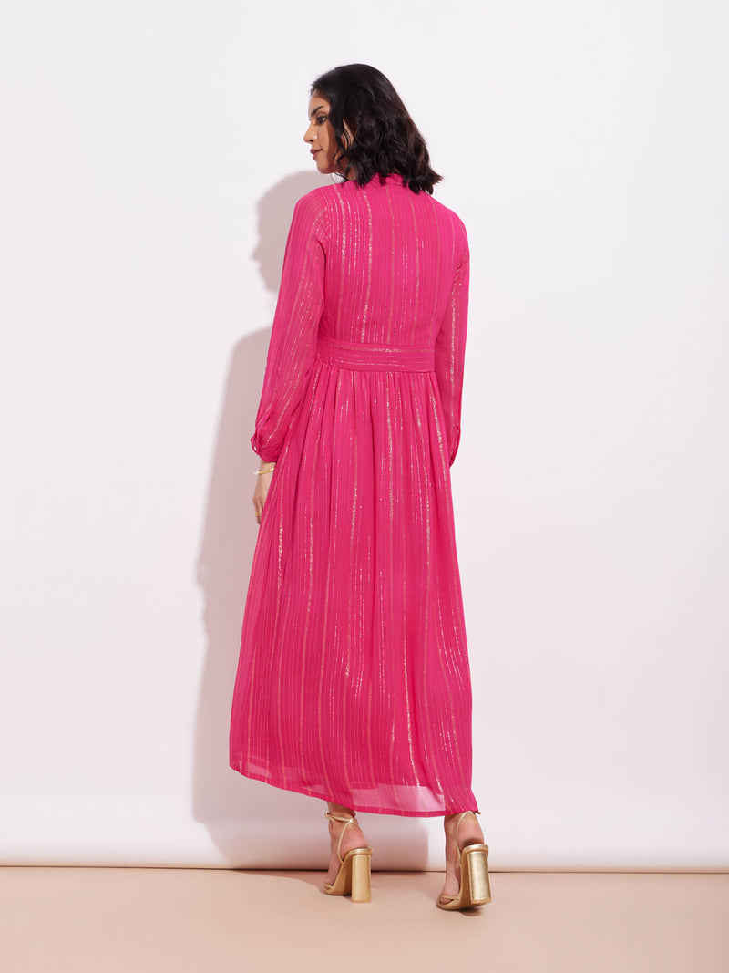 Georgette Lurex Gold Striped Dress - Fuchsia