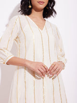 Cotton Lurex Gold Striped Dress - Off-White