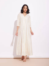 Cotton Lurex Gold Striped Dress - Off-White