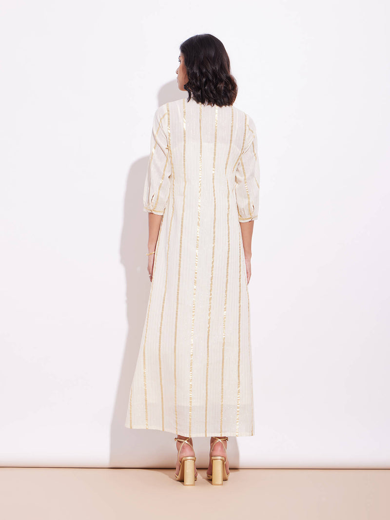 Cotton Lurex Gold Striped Dress - Off-White