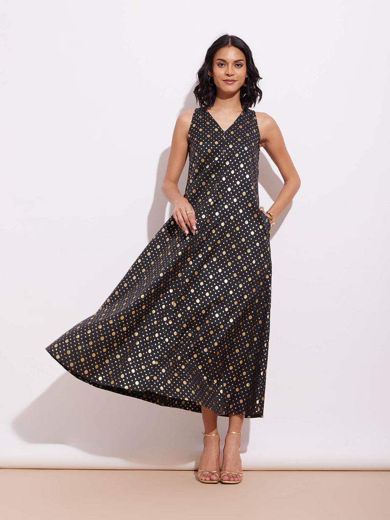 Viscose Silk Brocade Maxi Dress - Black & Gold