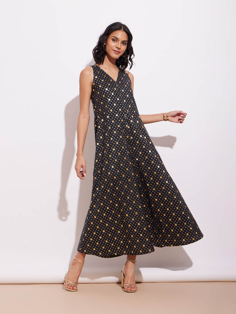 Viscose Silk Brocade Maxi Dress - Black & Gold