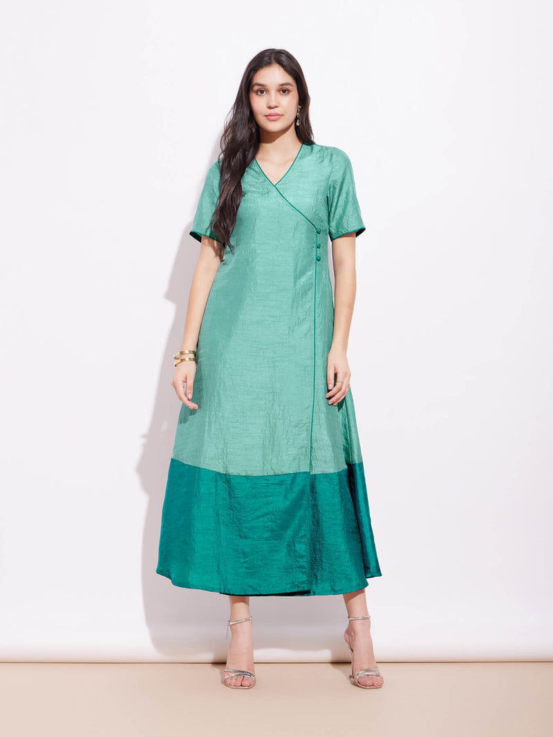 Silk Blend Colourblock Wrap Dress - Teal & Green