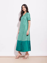 Silk Blend Colourblock Wrap Dress - Teal & Green