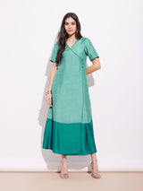 Silk Blend Colourblock Wrap Dress - Teal & Green