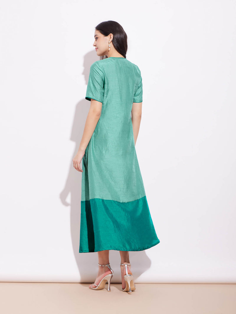 Silk Blend Colourblock Wrap Dress - Teal & Green