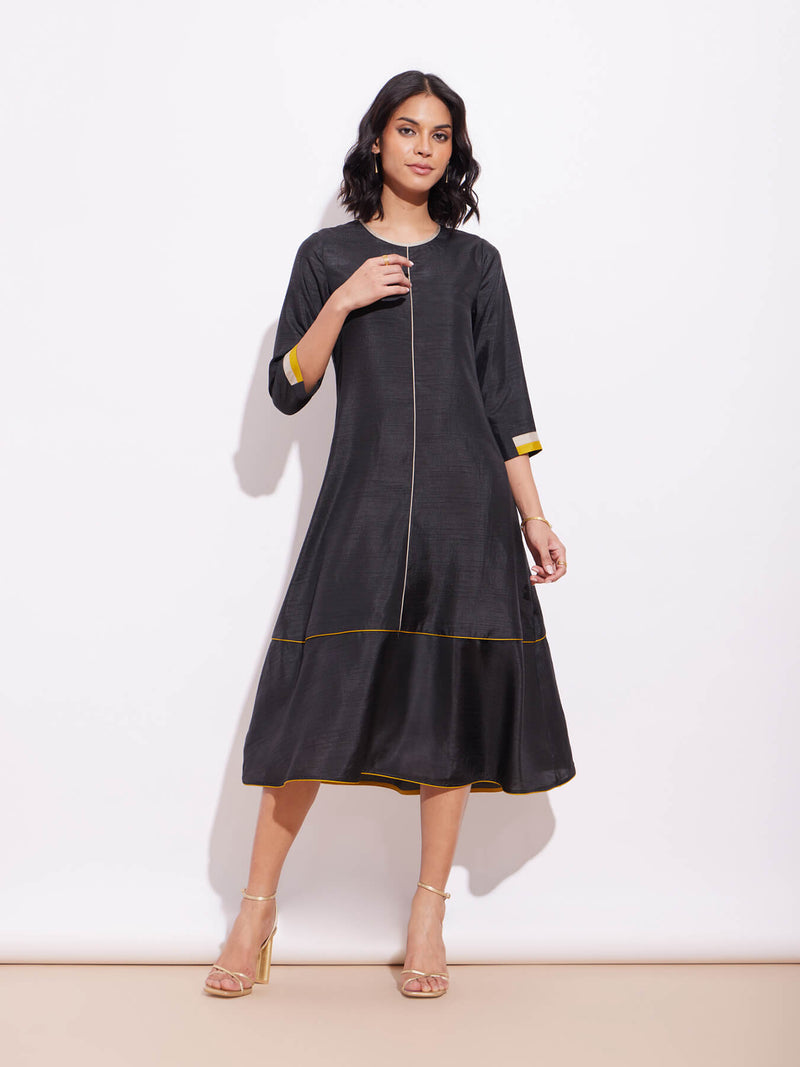 Silk Blend Colourblock A Line Dress - Black