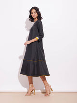 Silk Blend Colourblock A Line Dress - Black