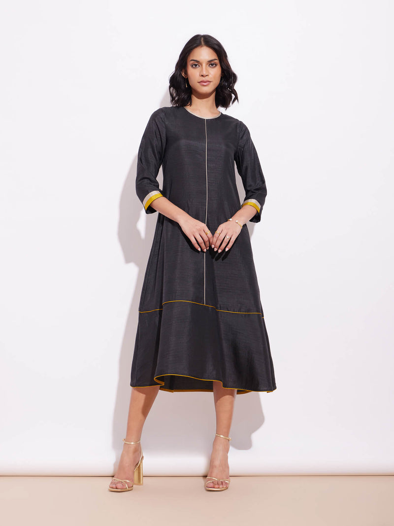 Silk Blend Colourblock A Line Dress - Black