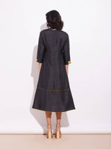 Silk Blend Colourblock A Line Dress - Black