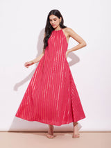 Cotton Lurex Gold Striped Halterneck Dress - Red