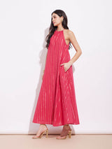 Cotton Lurex Gold Striped Halterneck Dress - Red