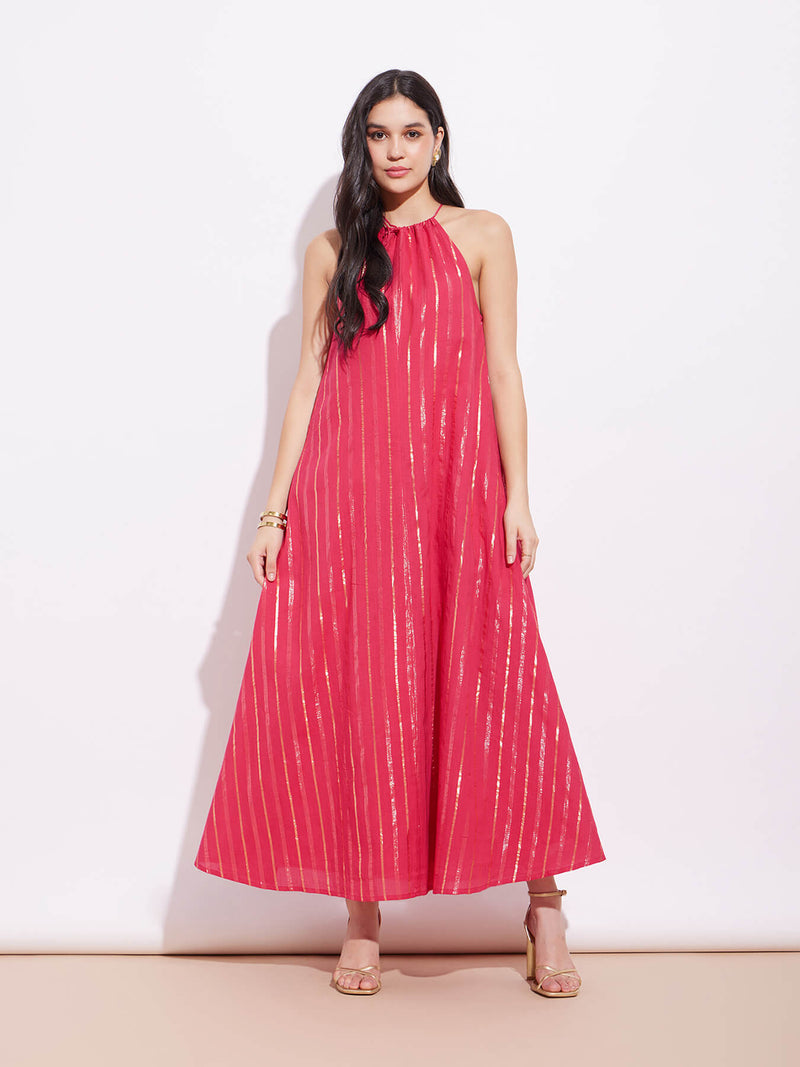 Cotton Lurex Gold Striped Halterneck Dress - Red