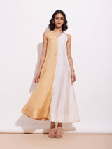 Poly Silk Sleeveless Colourblock Dress - Cream & Gold