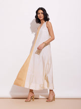 Poly Silk Sleeveless Colourblock Dress - Cream & Gold