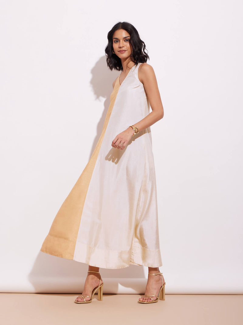 Poly Silk Sleeveless Colourblock Dress - Cream & Gold