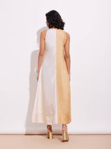 Poly Silk Sleeveless Colourblock Dress - Cream & Gold