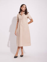 Cotton Solid A-Line Shirt Dress - Beige