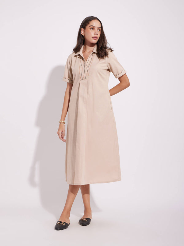 Cotton Solid A-Line Shirt Dress - Beige