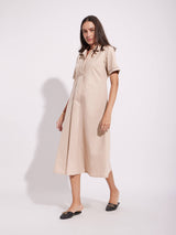 Cotton Solid A-Line Shirt Dress - Beige