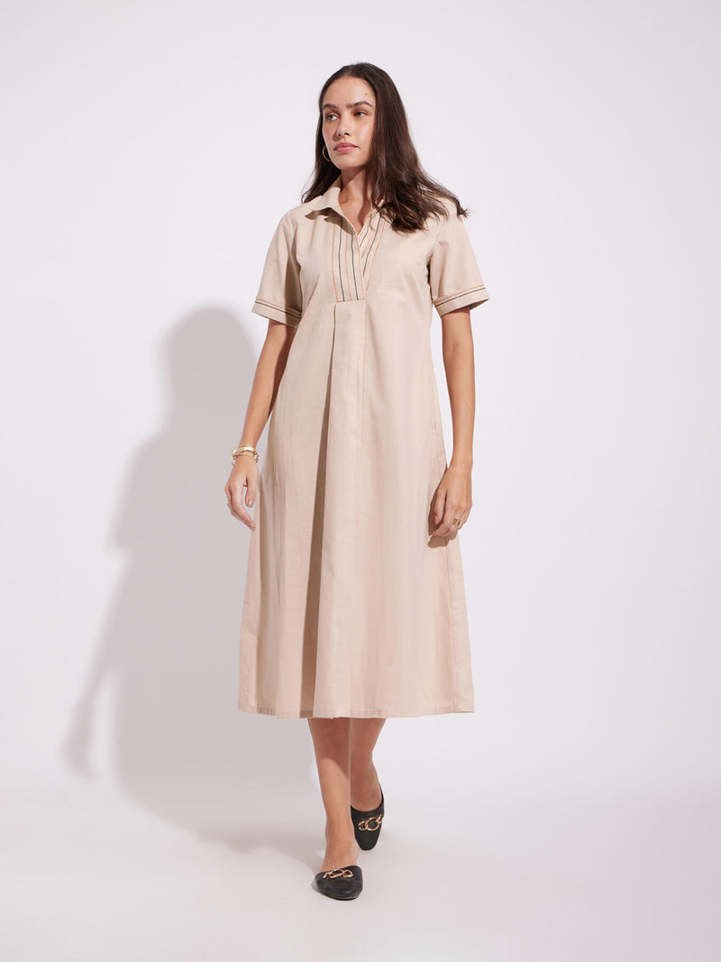 Cotton Solid A-Line Shirt Dress - Beige