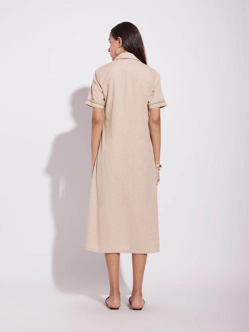 Cotton Solid A-Line Shirt Dress - Beige