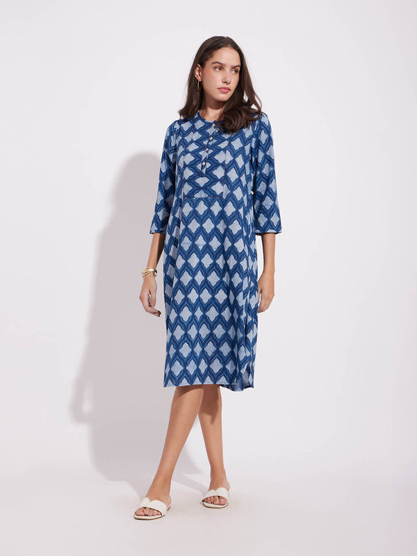 Cotton Dabu Abstract Print Dress - Indigo