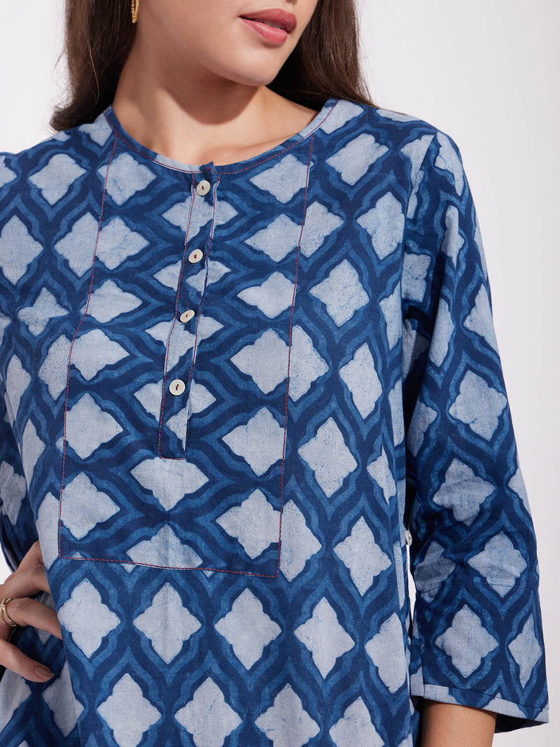 Cotton Dabu Abstract Print Dress - Indigo