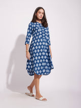 Cotton Dabu Abstract Print Dress - Indigo