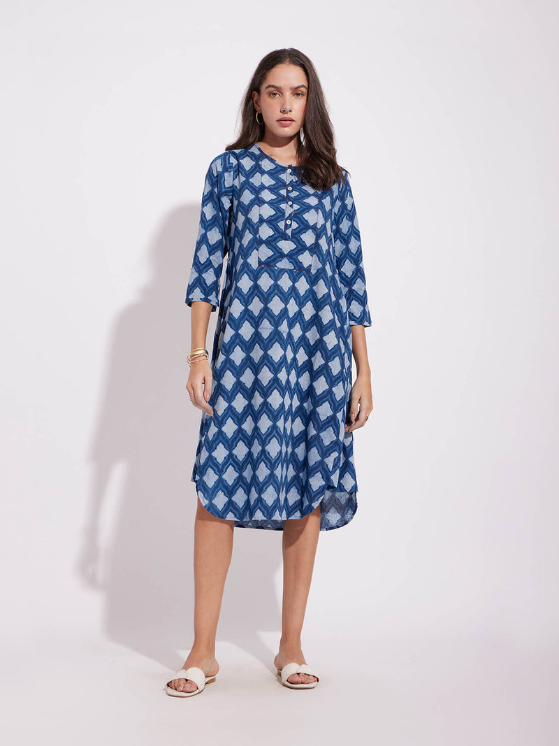 Cotton Dabu Abstract Print Dress - Indigo