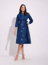 Cotton Floral A-Line Dress - Blue