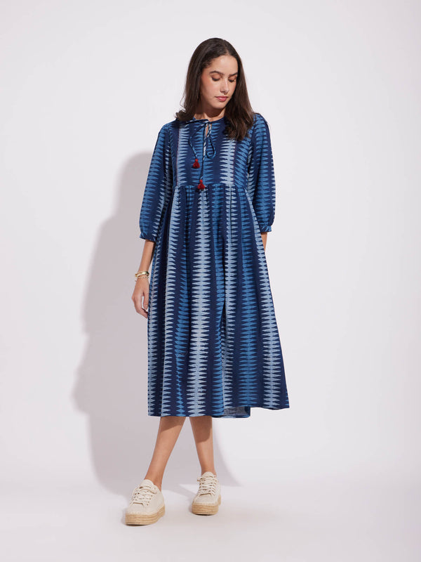 Cotton Dabu Geometric Tie-Up Dress - Indigo