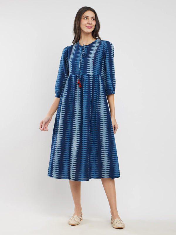 Cotton Dabu Geometric Tie-Up Dress - Indigo