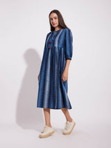 Cotton Dabu Geometric Tie-Up Dress - Indigo