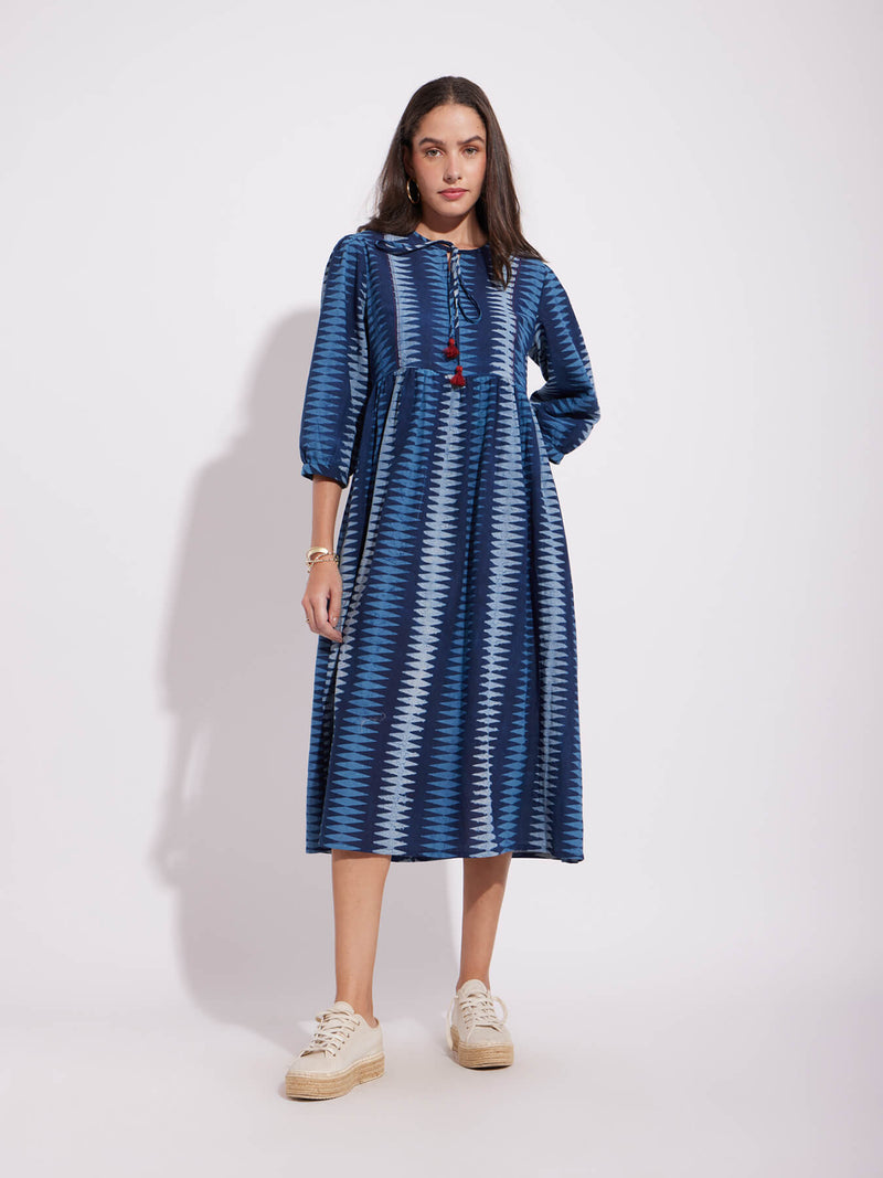 Cotton Dabu Geometric Tie-Up Dress - Indigo