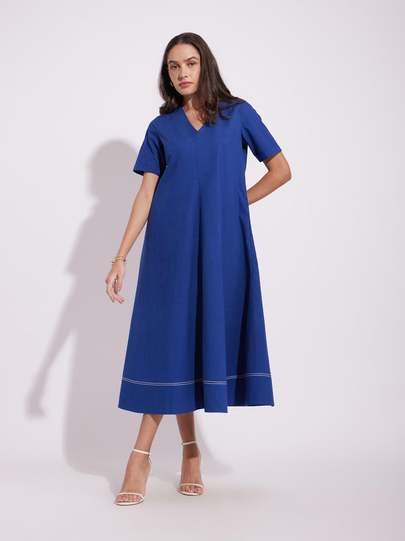 Cotton Solid A-Line Dress - Blue