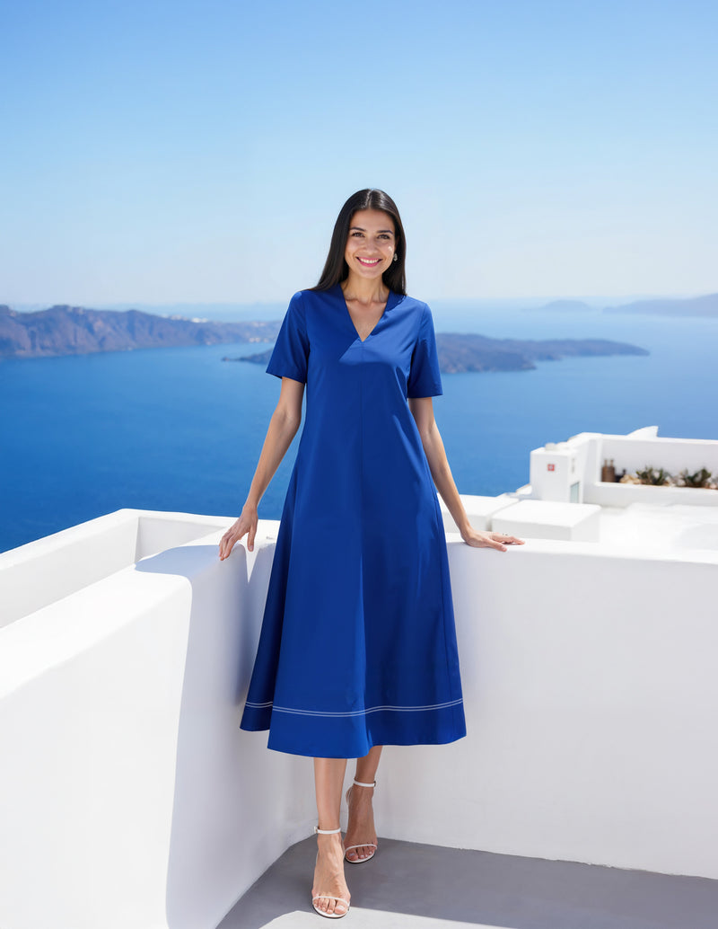 Cotton Solid A-Line Dress - Blue