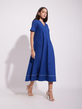 Cotton Solid A-Line Dress - Blue