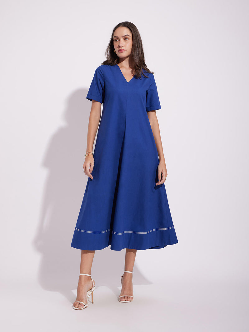 Cotton Solid A-Line Dress - Blue